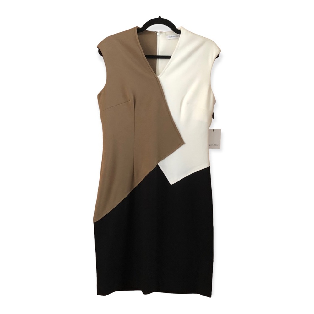 Calvin Klein Asymmetrical Color Block Ivory Taupe Black Sleeveless Dress NWT